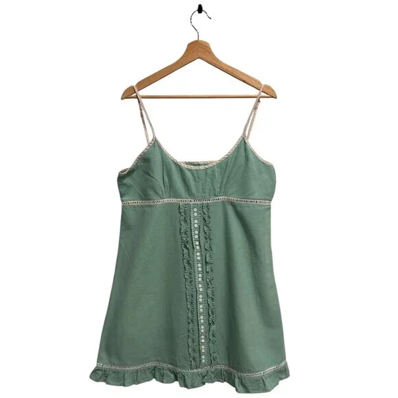 Lollia Linen Blend Mini Dress Womens Large Green Boho Spaghetti Strap Sundress - Picture 2 of 8